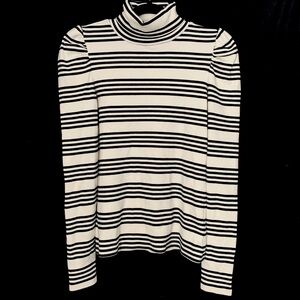 Veronica Beard Black & White Striped Mock Neck Long Sleeve Top